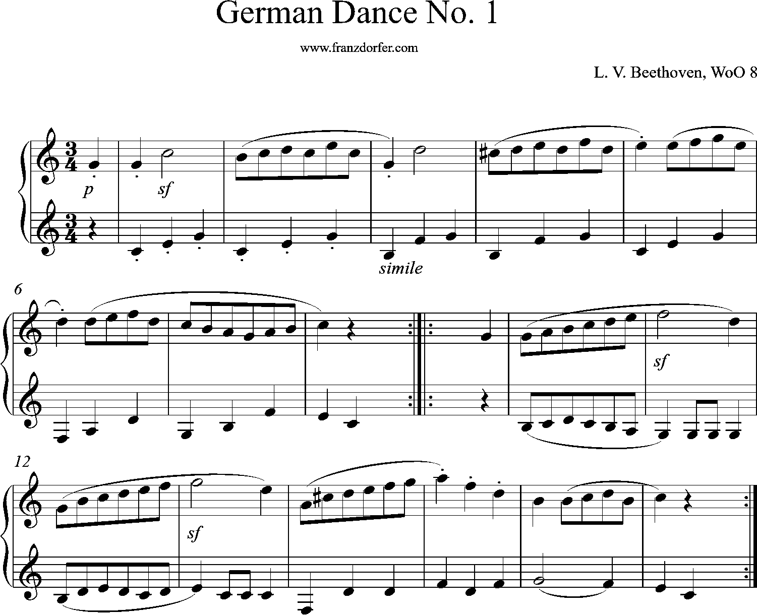 clarinet sheetmusic, German Dance,1 WoO 8, Beethoven